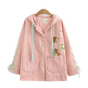 Giacche da donna Merry Pretty Women Cartoon Bear Embroidery Basic Jacket 2022 Winter Long Sleeve Lace Up Capispalla monopetto con cappuccioWome