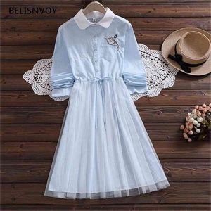 Arrival Spring Autumn Women Dress Cat Embroidery Striped Mesh Patchwork Long Sleeve Clothing Blue Pink 210520