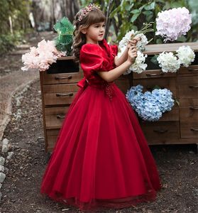 소녀의 드레스 WD 빨간 거품 짧은 소매 드레스 레이스 아플리크 긴 여자 생일 공식 웨딩 파티 복장 기