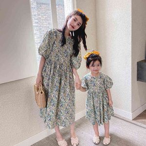 Summer mother and daughter floral puff sleeve princess dress Korean style cotton thin casual dresses