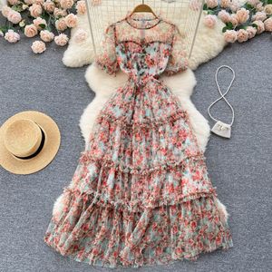 Holiday Flower Print Ruffles Stand Tulle Meah Layer Cake Dress Women Summer Short Sleeve Party Female Pleated Beach Vestidos 2022