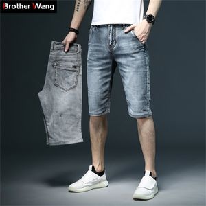 Summer Men's Slim Fit Krótkie dżinsy bawełniane bawełniane dżinsowe szorty szare niebieskie krótkie spodnie męskie ubrania marki 220530