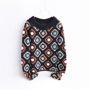 Kvinnors tröja virkning Flower Ladies Knit Jersey Autumn Winter Long Sleeve Tops Thick Spanien Pullover Spring Sticked Jumper 201102