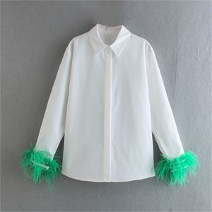 Зеленые перья на манжетах Женские блузки с длинными рукавами Женская одежда Белые элегантные женские блузки Топы Рубашки для женщин Топ 220725