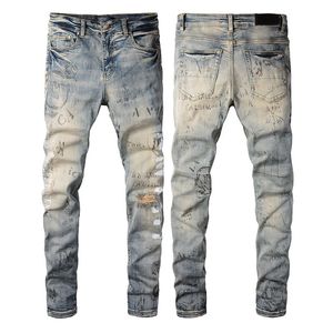 Mens Designer Jeans Fashion Blue Graffiti Pants Man Washed Biker Trousers Fashion Casual Mature Trendy Denim Pant Hip Hop motorcycle jean