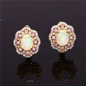 Clip on Screw Back Cute Female White Fire Opal Stone Earrings Charm Gold Color Clip For Women Boho Vintage Wedding EarringsClip on
