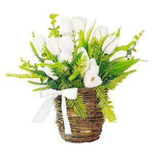 Dekorative Blumenkränze Weiße künstliche Tulpe mit geflochtenem Rattankorb Simulation Topfpflanze Garten Hochzeit Party Ornament Home Deco