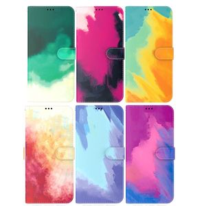 Oljefärgsbläck Målning Läderplånbok Fall för iPhone 14 Pro Max Samsung Galaxy A33 5G A53 A73 A23 M23 F23 M53 M33 Färgglada akvarellfärg Credit ID -kort Flip Covers