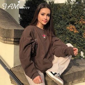 Modebrun broderi hoodies kvinnor harajuku kawaii tecknad casual lös mjuk bomullsweatshirt estetisk topp iam ty