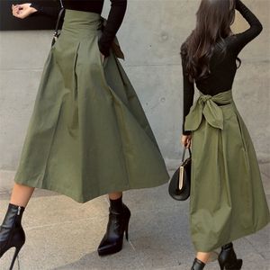 shintimes Skirts Womens Korean Fashion Solid Color Big Swing Ladies Skirt Long Skirt Autumn Wild High Waist Bow Slim Skirts 210311