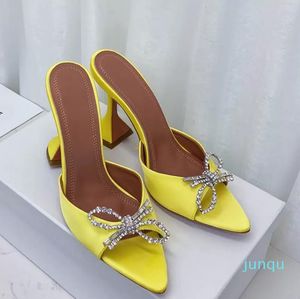 2022 Women Summer Luxury Designer High Heel Sandals Slippers Yellow goblet heel with pointed crystal diamond bow