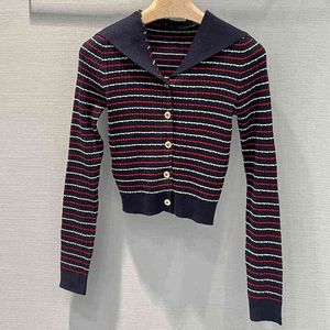 maglione a maniche lunghe a righe blu e bianche Cappotto cardigan monopetto monopetto con colletto blu scuro