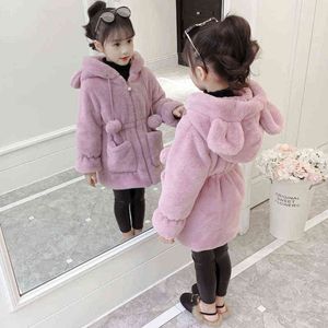 Girls Wool Sweater Plush Jacket 2021 New Fashion Plush Thickened Winter Children Velvet Medium Length Jacket J220718