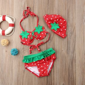 Summer Baby Girl Strawberry Printed Ruffled Bikini Tankini Sets with Hat Kids Two Pieces Swimsuit Swimwear Beach Bathing Suit 220530