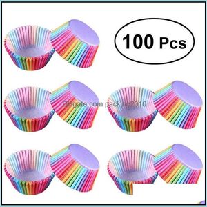 Cupcake Bakeware Kitchen Dining Bar Home Garden 100Pcs Paper Cups Rainbow Liner Muffin Cases Cup Cake Topper Baki Dhyec