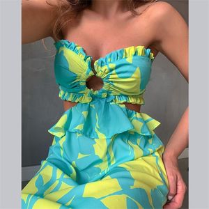 LIYONG Wzburzyć Maxi Dress Summer Print Bez Ramiączek Bez Backless Bandaż Beach Suknie Kobiet Dziura Sexy Loose 220407