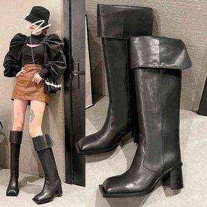 Below Knee Women Fashion Boots Shoes Leather Women's 2022 Autumn And Winter New Folding High Heels Above Knight Square Head Thick Heel 220725