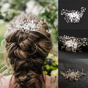 Kryształowy kwiat Pearl Liść grzebienia włosy opaski na głowę Tiaras do włosów dla kobiet Bride Party Wedding Bridal Hair Akcesoria Biżuterii