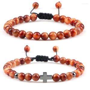 Pärlsträngar mode 6mm orange tiger öga kors flätat armband par naturliga sten armband smycken handgjorda män kvinnor bön fitness c