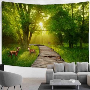 Tapestry Sika Deer Green Forest Carpet Wall Hanging Boho Psychedelic Witchcraft