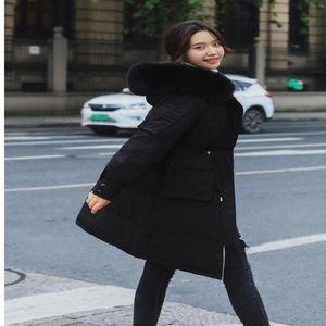 The down jacket womens medium and long hair collar and waist slimming warm oven bread wear loose fashion coat 201027