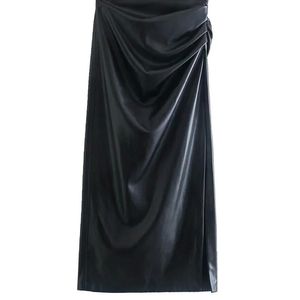 TRAF Moda Fashion Faux Leather Pleated Side Slit Midi Lápis Saia Vintage Cintura Alta Voltar Zíper Feminino Saias Mujer 220317