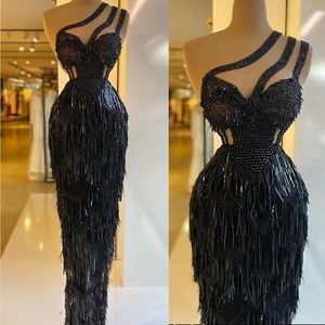 African Black Sexy One Shoulder Prom Dresses Sequins Beaded Tassel Mermaid Evening Gowns Woman Formal Party Birthday Dress