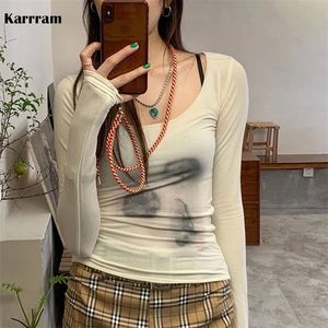 Karrram estilo coreano malha top mulheres tingido tintura impresso ver através de camiseta sexy slim translúcido sheer tops grunge tshirts japonês 220328