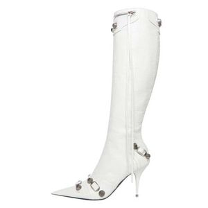 Cagole lambskin leather knee-high boots stud buckle embellished side zip shoes pointed Toe stiletto heel tall boot luxury designers shoe for0007