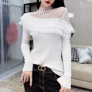 Kadın Sweaters Örgü Koreli Dantel Fırfır Seksi Boğaz Vintage Moda Kadın Giyim Tarzı Top Parlak İpek 2022 Sonbahar Kış Partisi Sweater