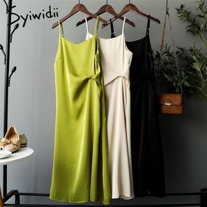 Syiwidii Satin Silk Green Dress for Women Sleeveless Long Spaghetti Strap Evening Party French Dress Female Midi Dresses 220507