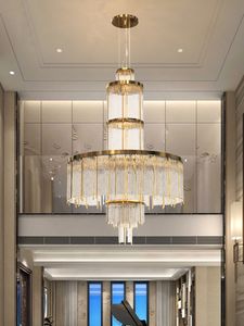 Lampadari di cristallo di lusso a LED Apparecchi di illuminazione Lampadario moderno americano Europeo Grande scala a chiocciola lunga Droplight Home Hall Lobby Lounge Illuminazione per interni