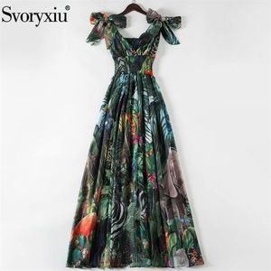 Svoryxiu Runway Women's Summer Plus Size Long Dresses Elastic Waist Deep V-Neck Forest Animal Print Chiffon Holiday Maxi Dresses 210302