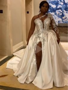 Mermaid Weddding Dresse with remove train Puffy Slit One Shoulderr Satin Lace Crystal Diamond Romantic Black girl Bridal Gowns