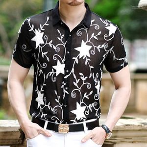 Gwiazda kwiatowa koszulka haft haft patrz przez mężczyzn mesh przezroczysty letni klub z krótkim rękawem impreza swobodna koszulka męska