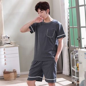 O-Neck Full Cotton Mens Summer Short Sleeve Shorts Pajamas Set Big Size L-4XL Sleepwear Leisure Suits Nightwear Men Pijamas 220426