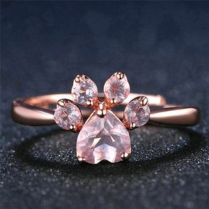 Simpatico orso zampa gatto artiglio apertura anello regolabile anelli rosa per le donne matrimonio romantico rosa cristallo cz amore regali gioielli