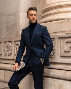 Men's Suits & Blazers 1 Piece Men Suit Jacket Blue Plaid Thick Woolen Custom Made Wedding Formal Tuxedos Peaked Lapel Blazer Business Coat