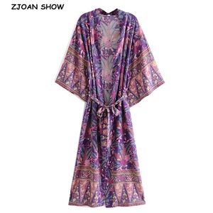 Bohemia v Boyun Selosia Çiçek Baskı Uzun Kimono Gömlek Mor Etnik Kadınlar Bow Sashes Uzun hırka gevşek bluz üstleri 210401