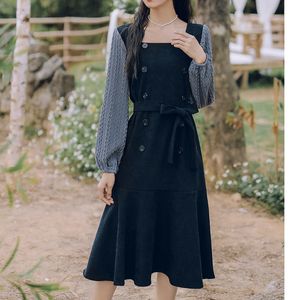 Qoerlin Square Sleeve Belt Dress Women Spring Autumn Full Lantern Sleeve Ruffles Vestidos Mujerエレガントフィッシュテイルドレスプラスサイズ210412