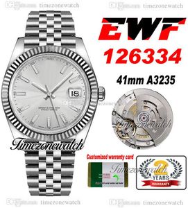 EWF 41 126334 A3235 Mens automático relógio Fluted Bezel Silver Dial Stick Markers Jubileesteel Bracelete com Mesma Cartão Serial Super Edition TimeZoneWatch D4