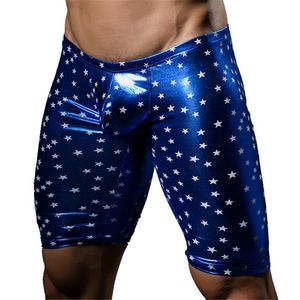 Shorts masculinos homens sexy calças exóticas de couro pu de calçadas gays gayswear masculino de látex de látex de látex elástico até os joelhos mais sizemen's