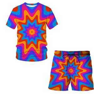 여름 남성 세트 와류 패턴 3D 프린팅 라운드 넥 티셔츠 캐주얼 스포츠 짧은팔 런닝 패션 반바지 220624