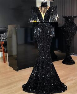 Schwarzes Pailletten-Abendkleid mit Quasten, glitzernde Partykleider, Mermiad-Kleid für besondere Anlässe, Abendessen-Kleider für Damen, elegante Robe