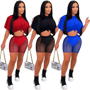 Summer Outfits Women Tracksuits Mesh Two Piece Set Short Sleeve Solid T Shirt+Sheer Shorts Matching Set Sexy Night Club Wear Wholesale 7210