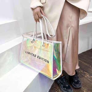 Bolsa de ombro transparente a laser de grande capacidade com estampa de letra bolsa feminina verão transparente à prova d'água praia bolsa de axila feminina