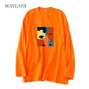 wavlatii 여자 패션 오렌지 긴 소매 티셔츠 여성 100%면 캐주얼 봄 티 레이디 O- 넥 가을 탑 wlt2127 220511