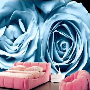 Dormitorio De Papel Tapiz Rosa al por mayor-Rosas luz azul flores papel tapiz hotel cafetería sala de estar sofá pared pared pared papel murales moderno fondo de pantalla