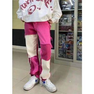 Men's Jeans Men's Splicing Cloth Pink Color Denim Casual Pants Loose Hip Hop Straight Street Retro Style TrousersMen's