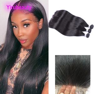 Brazilian Human Hair 3 Bundles With 5X5 HD Lace Closure Baby Hairs Straight 10-30inch Double Wefts Natural Color